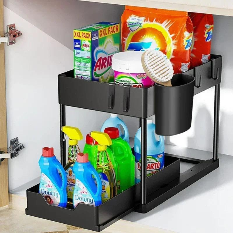 Under Sink Organizer Sliding Cabinet Basket Organizer Storage Rack with Hooks Hanging Cup Bathroom Kitchen Organizer