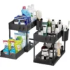 Under Sink Organizer Sliding Cabinet Basket Organizer Storage Rack with Hooks Hanging Cup Bathroom Kitchen Organizer