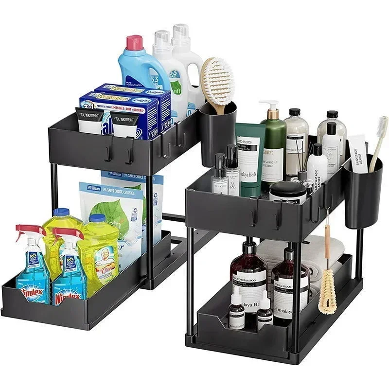 Under Sink Organizer Sliding Cabinet Basket Organizer Storage Rack with Hooks Hanging Cup Bathroom Kitchen Organizer