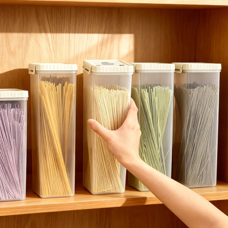 WORTHBUY Pasta Storage Box With Handle Moisture-Proof Plastic Noodles Sealed Can Spaghetti Storage Container Kitchen Organizer