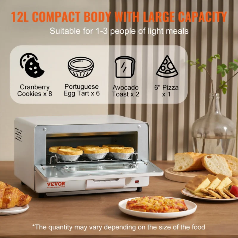 VEVOR 5-IN-1 Steam Oven Toaster 12L Convection Oven 1300W Steam Toaster Oven Countertop Combo with Grill Pizza Pan Gloves White