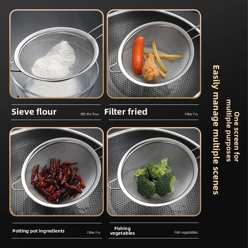 Mesh Filter Sieve Stainless Steel Slotted Spoon Kitchen Set of 3 Fine Strainers Long Handle for Cooking Sifting and Frying