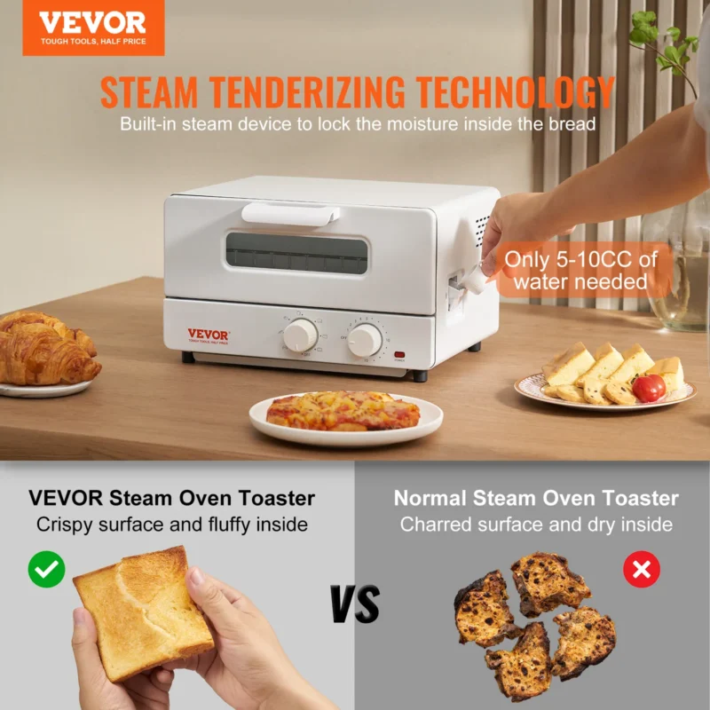 VEVOR 5-IN-1 Steam Oven Toaster 12L Convection Oven 1300W Steam Toaster Oven Countertop Combo with Grill Pizza Pan Gloves White